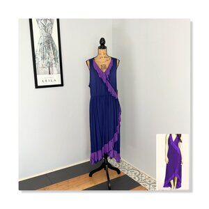 One World Clothing Navy & Purple Ruffled Faux Wrap Dress Sz 2X NWT